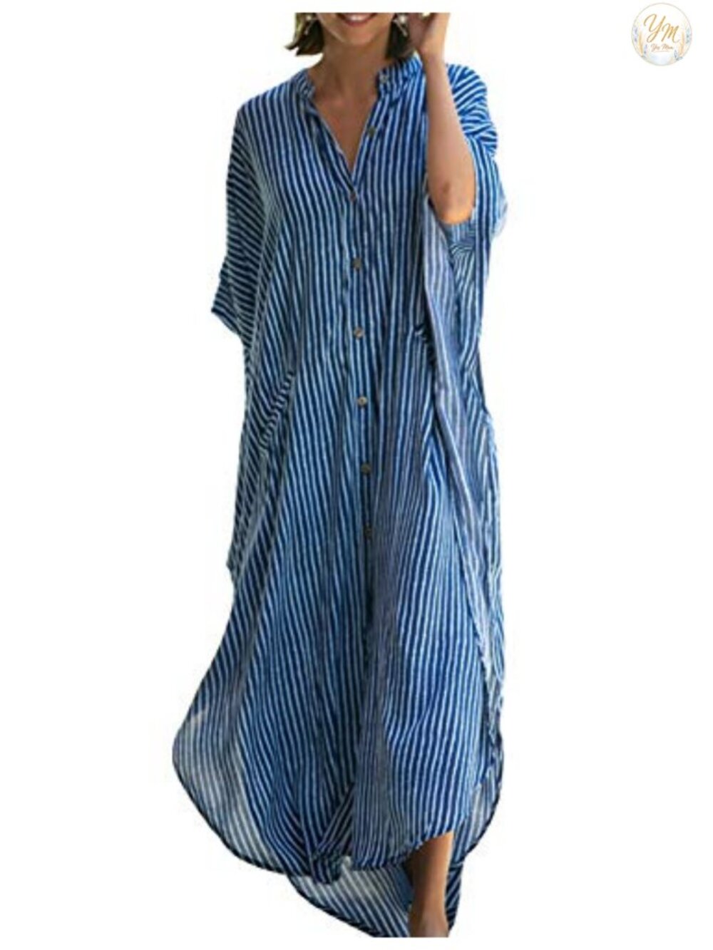 Womens Button Down Kimono Sleeve Kaftan Beach Cover Up Maxi Dress